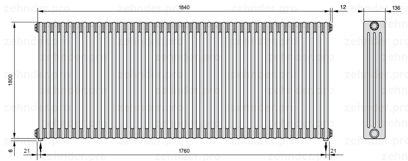 Схема (чертеж) Радиатор Zehnder Charleston 4180/40 №3570 Белый глянцевый RAL 9016